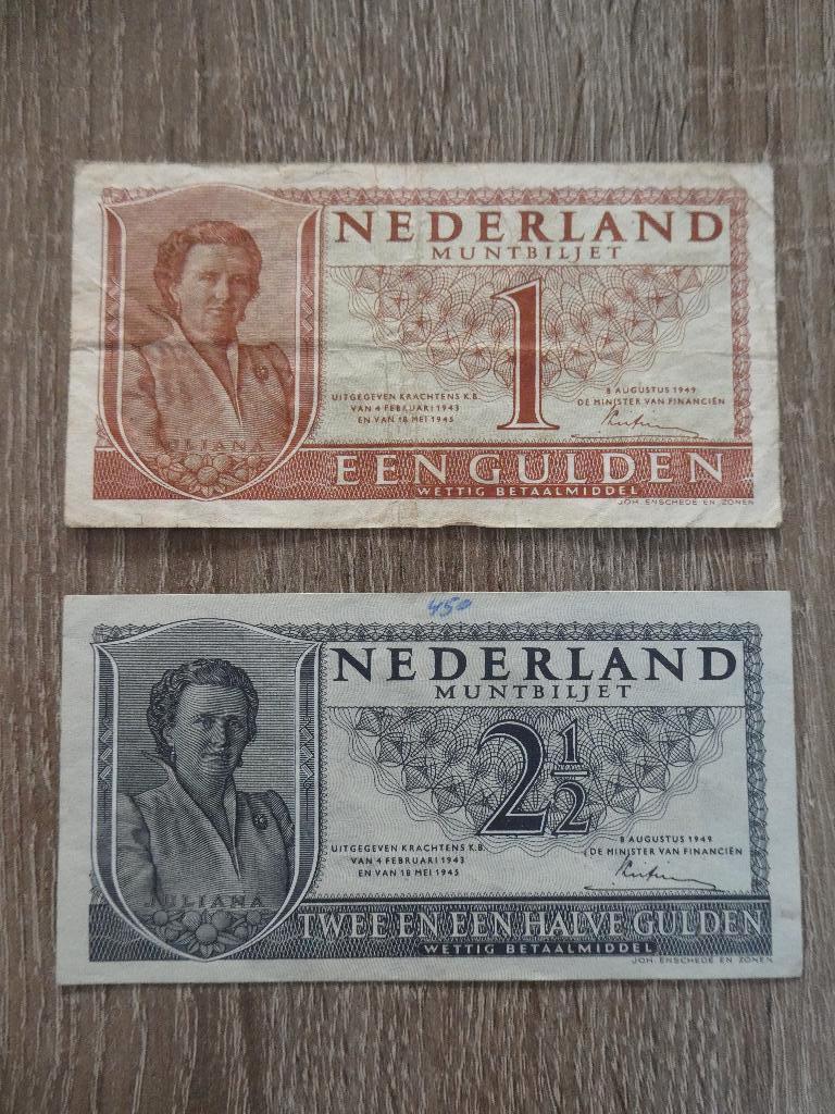 1 en 2 en een halve Gulden. 1949, Postzegels en Munten, Bankbiljetten | Nederland, Ophalen of Verzenden, 2½ gulden, Setje