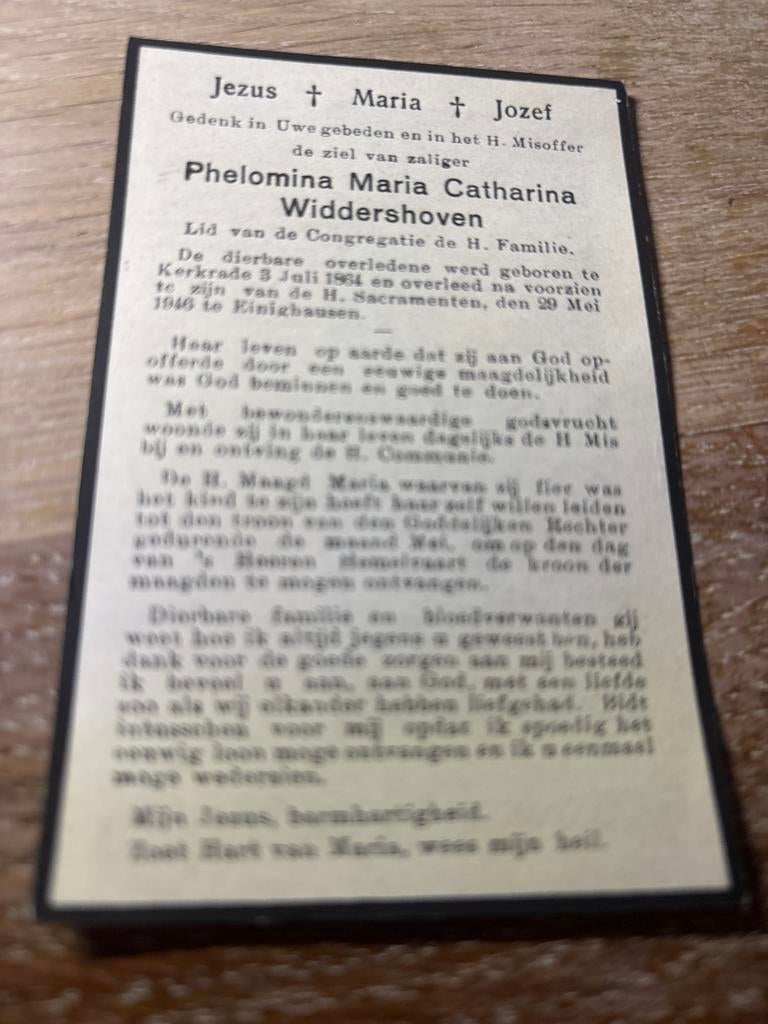Widdershoven Phelomina 1864 Kerkrade 1946 Einighausen, Verzamelen, Bidprentjes en Rouwkaarten, Ophalen of Verzenden, Bidprentje