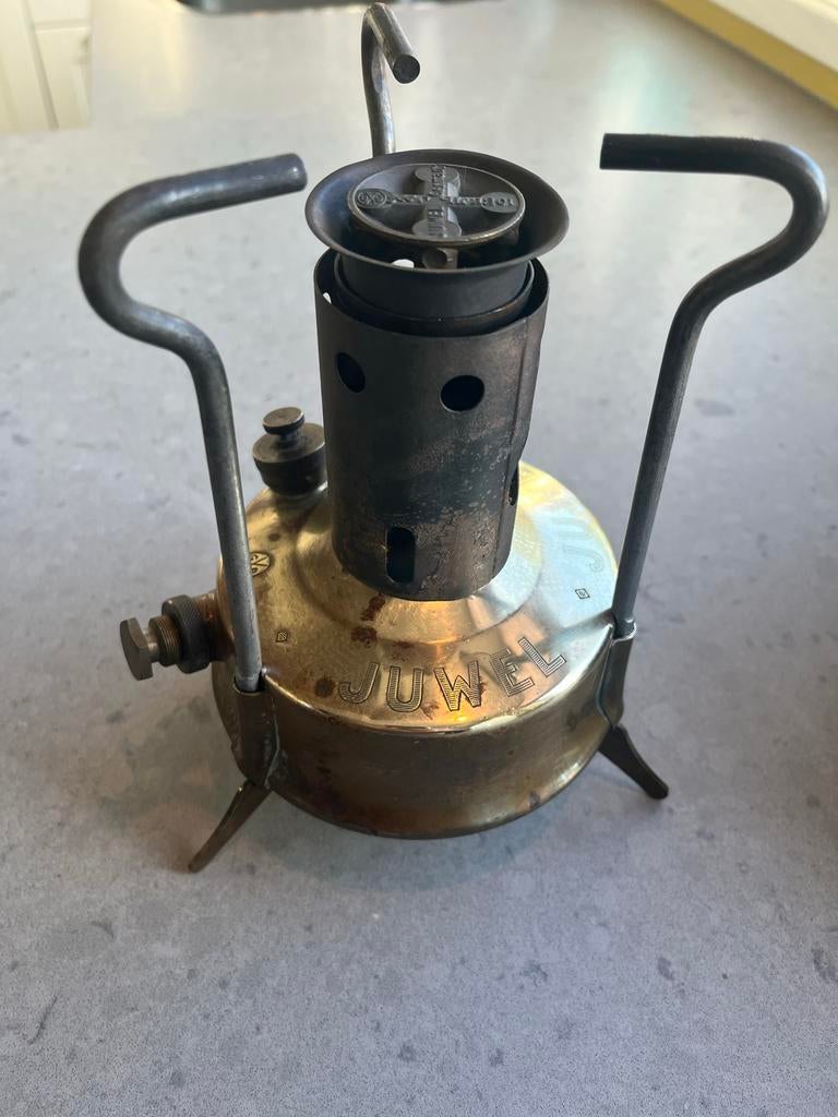 Kampeer koper-petroleumstel, compleet met originele kist., Ophalen, Koper