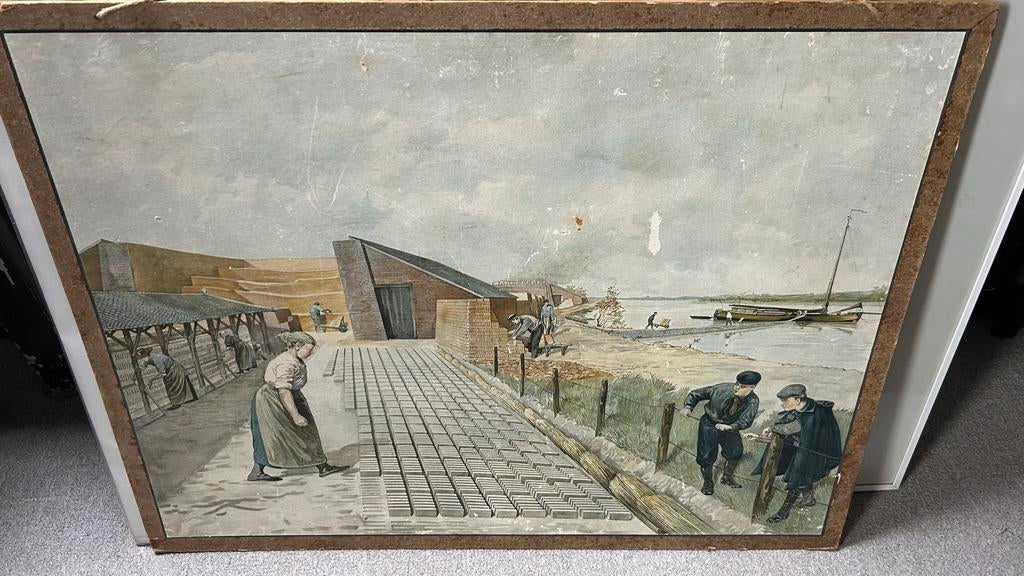 Oude litho van een steenfabriek, Ophalen of Verzenden