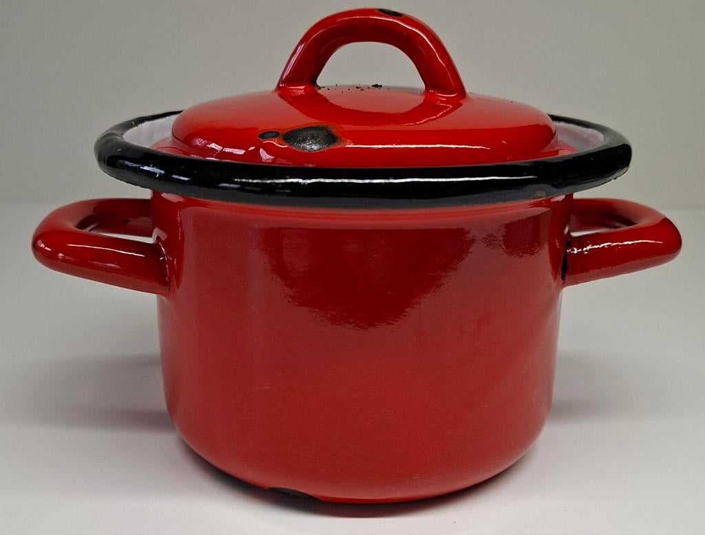 Vintage rode emaille kookpan met deksel., Ophalen of Verzenden
