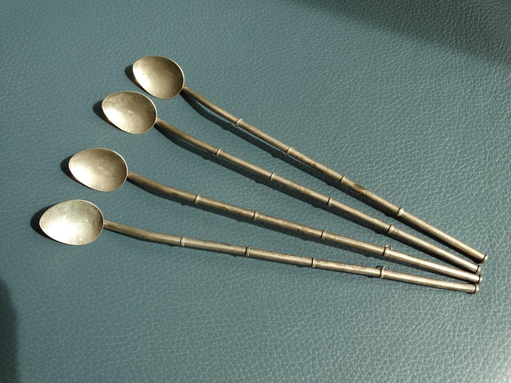 Vier zilveren lange lepels ijslepels met rietjes bamboe vorm, Verzenden