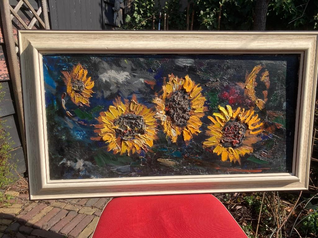 5 zonnebloemen met dikke vette klodders geschilderd vintage, Gebruikt, Ophalen of Verzenden, Schilderij, 75 tot 100 cm