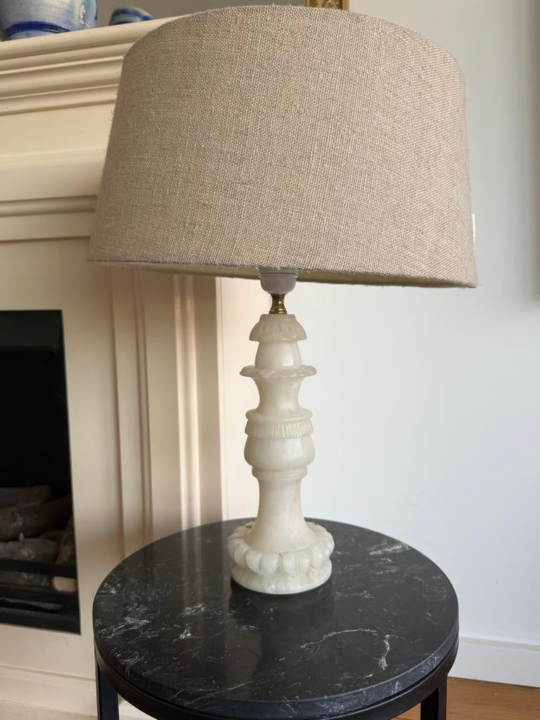 Elegante albasten tafellamp met linnen kap.Riviera Maison, Huis en Inrichting, Lampen | Tafellampen, Ophalen of Verzenden, Zo goed als nieuw