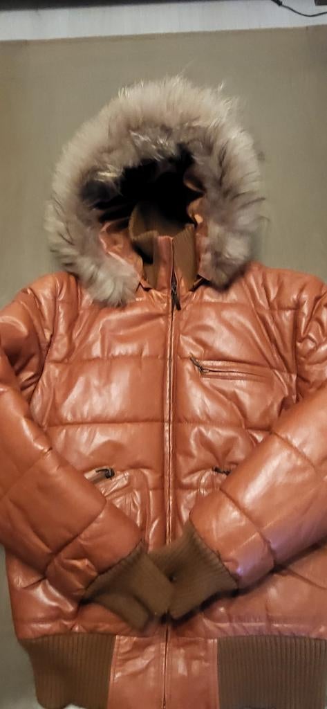 Kalfsleren jas met bontkraag valt als M, Bruin, Overige maten, Ophalen of Verzenden, Zo goed als nieuw