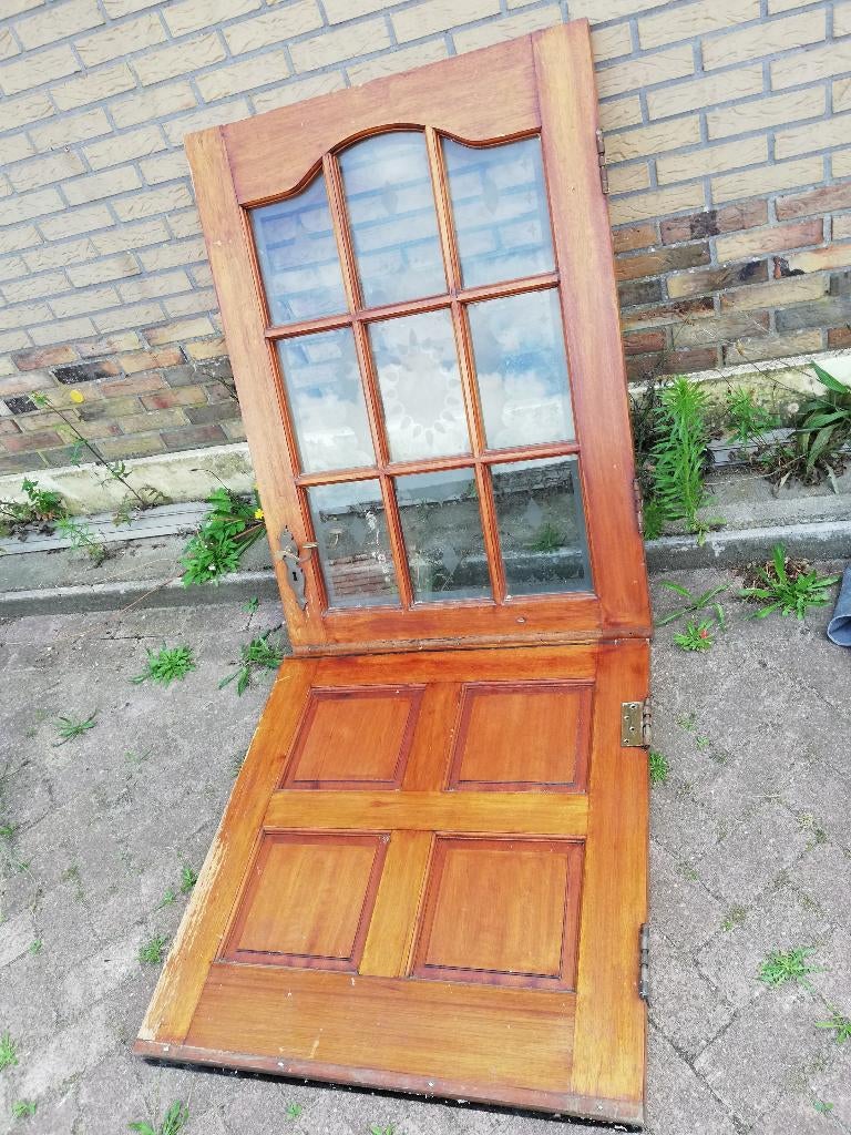 221hx88br Deur in 2 delen, bijzonder ge-etst glas incl klink, Ophalen, Gebruikt