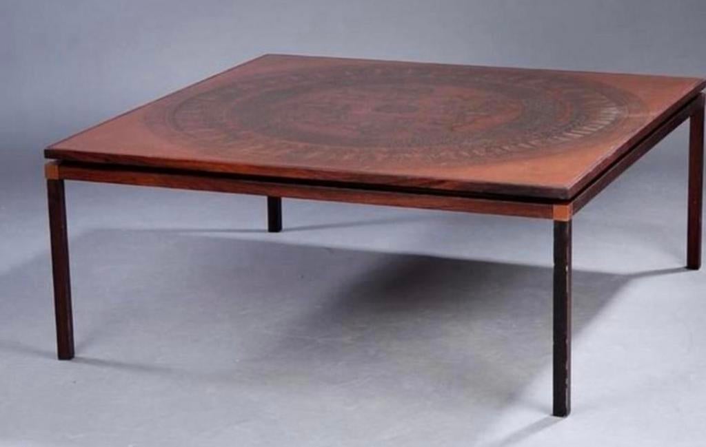 Exclusieve salontafel koper ingelegd, Gebruikt, 50 tot 75 cm, Ophalen, Overige houtsoorten