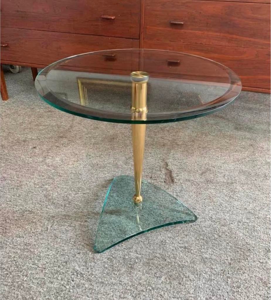 Vintage Italiaanse Ronde regency Glas en Messing Bijzettafel, Ophalen of Verzenden