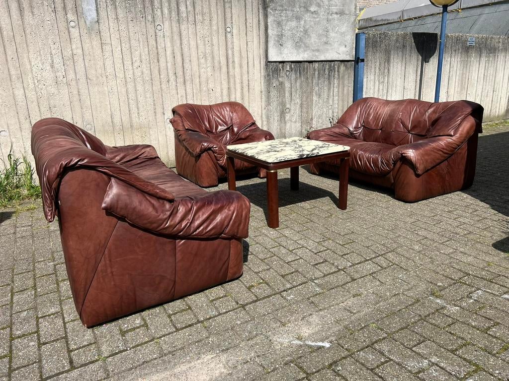 Vintage leren zithoek, jaren ‘80, Ophalen of Verzenden, Zo goed als nieuw, Leer, Vintage retro buisframe design rotan webbing papercord deens