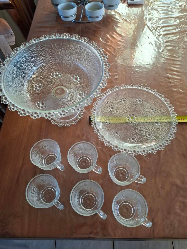Bowlschaal met 6 kopjes en deksel, Huis en Inrichting, Ophalen of Verzenden, Overige stijlen, Glas, Schaal of Schalen
