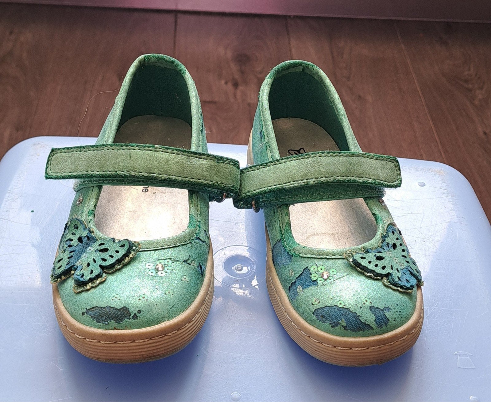 Leuke groene kinderschoenen met vlinders, maat 27, Kinderen en Baby's, Kinderkleding | Schoenen en Sokken, Ophalen, Gebruikt, Meisje