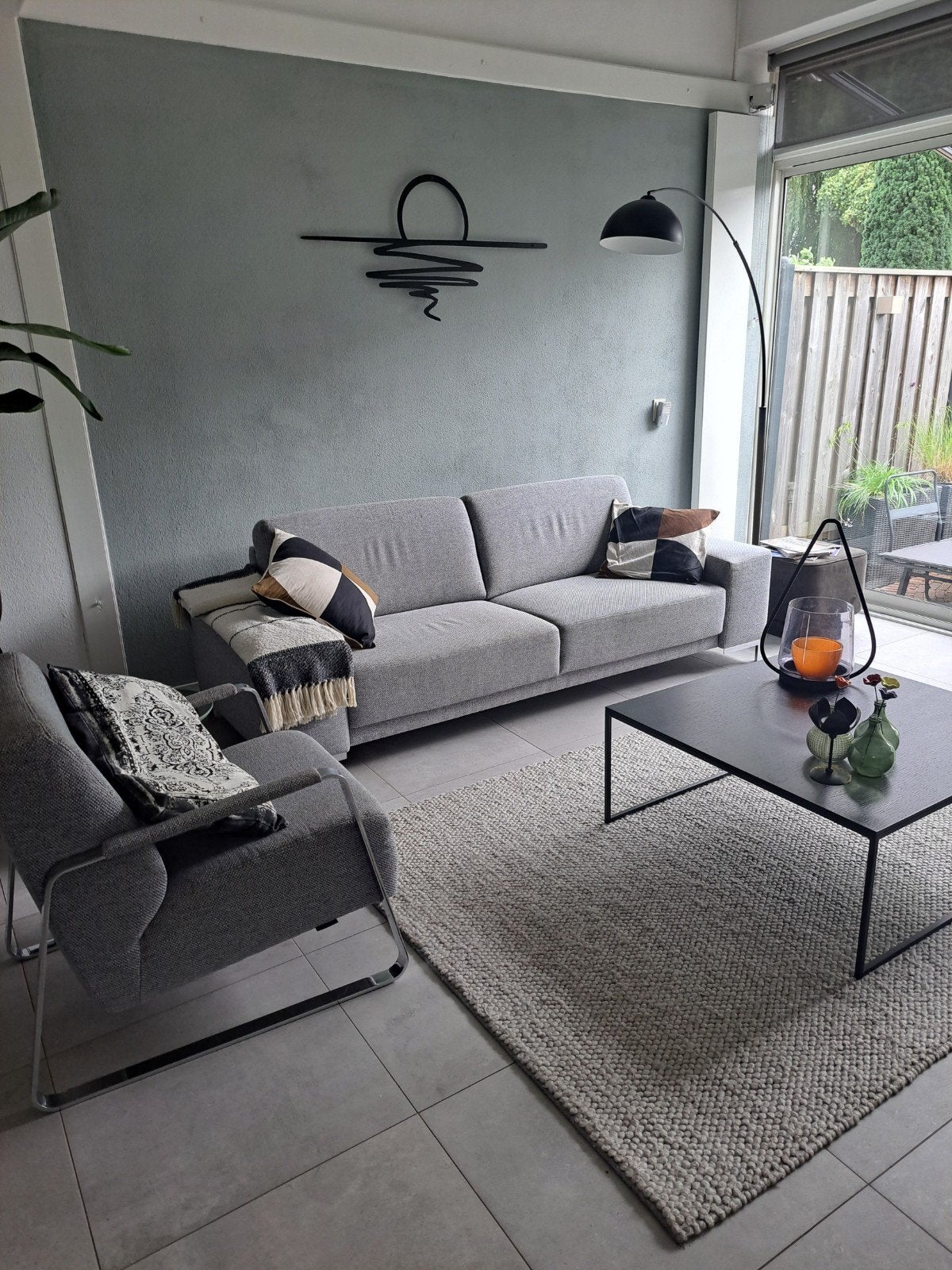 moderne stof gem grijs 3 zits     bankstel merk montel zo go, Minder dan 75 cm, Driepersoons, Ophalen of Verzenden, Zo goed als nieuw