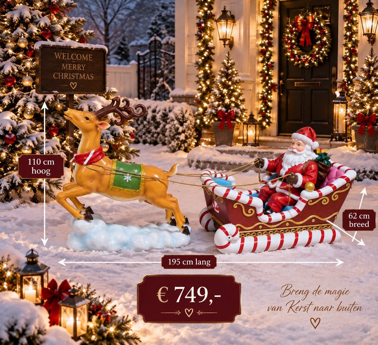 Kerstman met arrenslee & rendier – polyester – 195 cm, Diversen, Kerst, Ophalen, Nieuw
