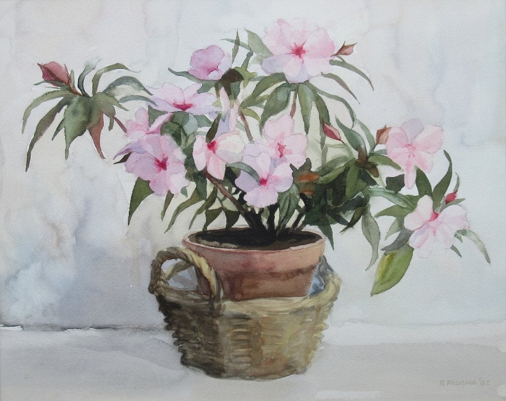 Ruud Pausma (geb. 1930): Balsemien in pot, aquarel 1992, Bloemen, Ophalen of Verzenden, Gesigneerd, Papier