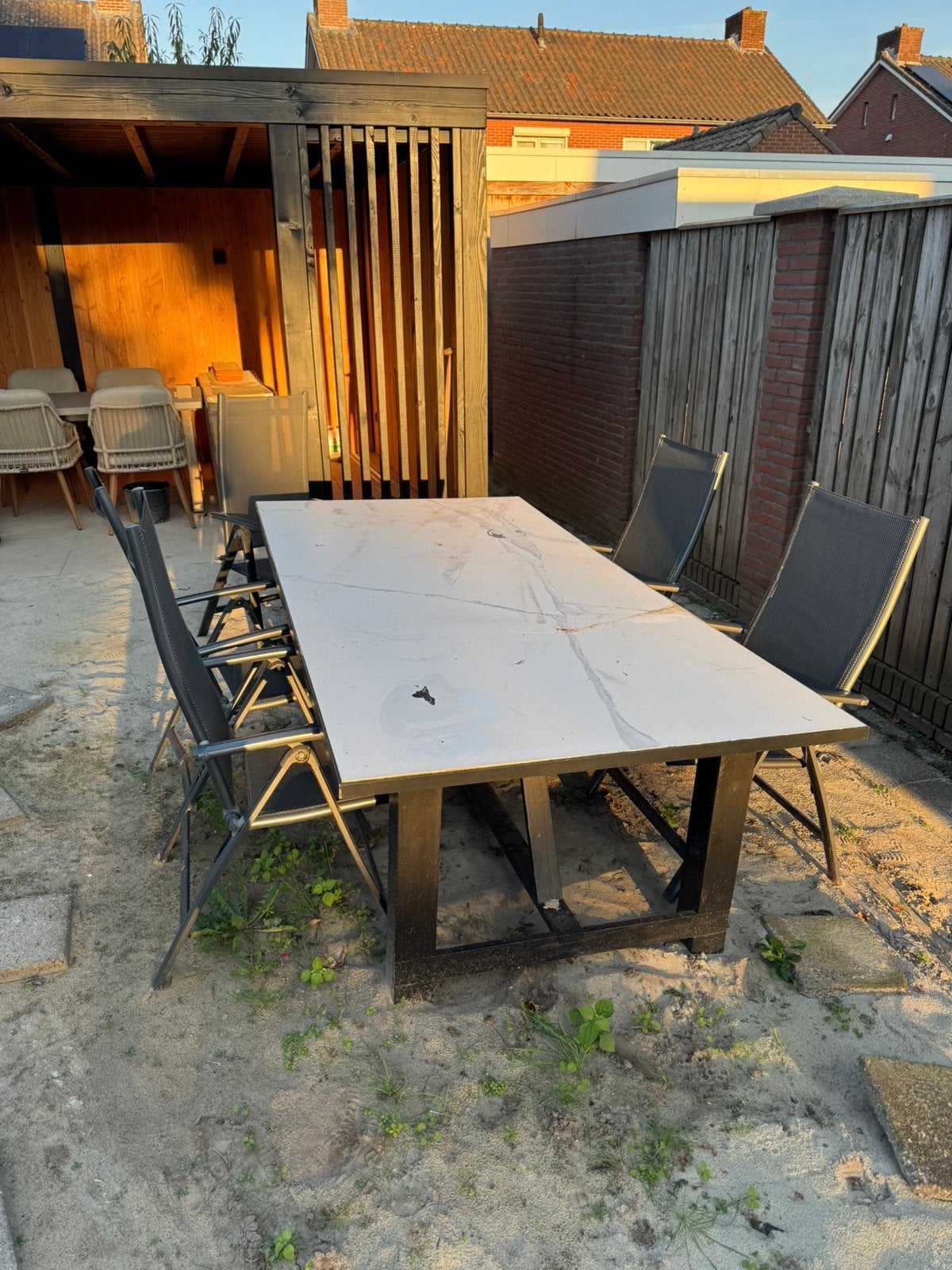 Gebruikte tuinset met keramisch blad en 5 stoelen, Ophalen, 5 zitplaatsen, Gebruikt, Eettafel