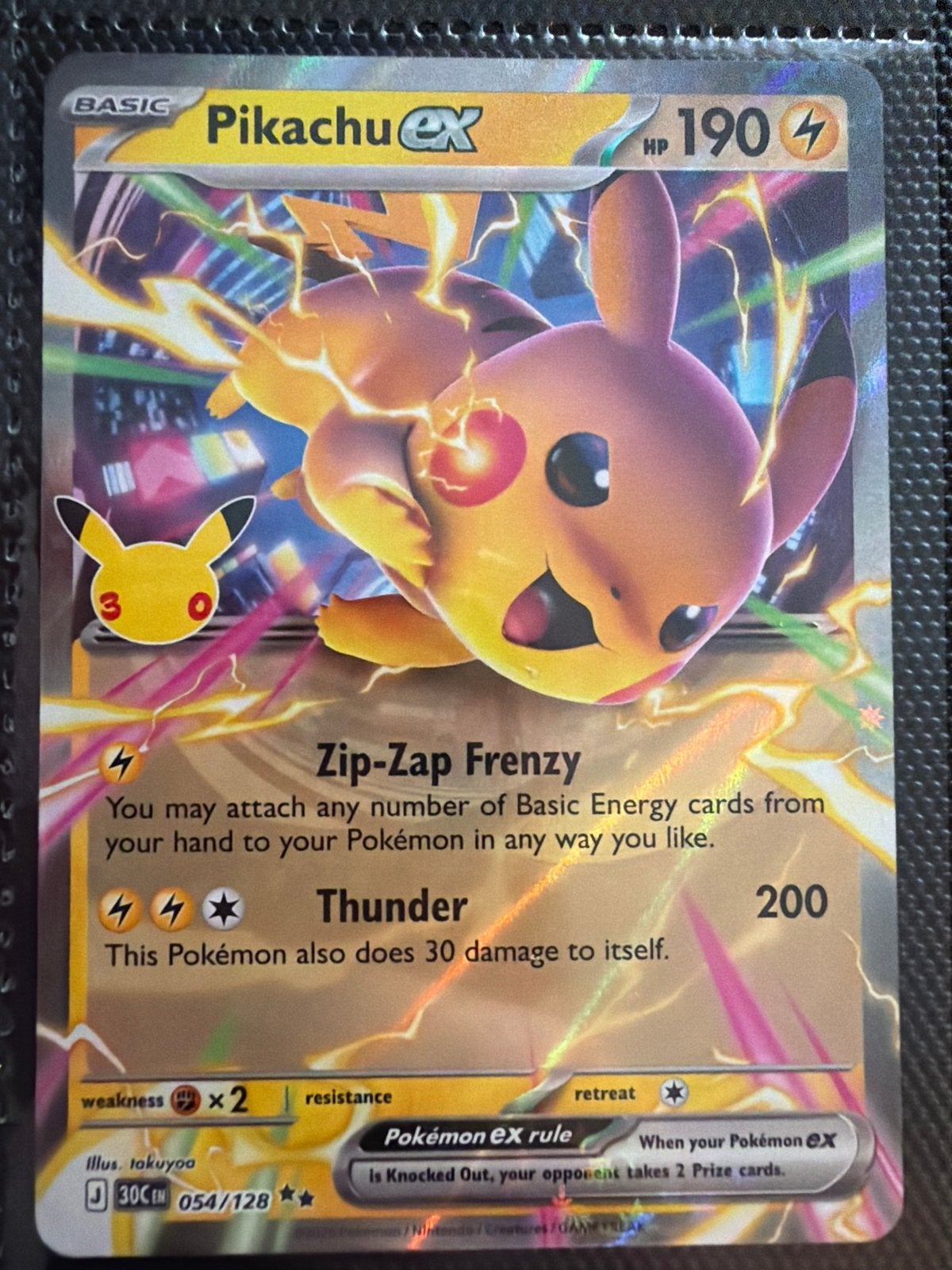 Pikachu EX Pokémon kaart 054/128 - 30th Celebrations, Ophalen of Verzenden, Zo goed als nieuw, Losse kaart, Foil