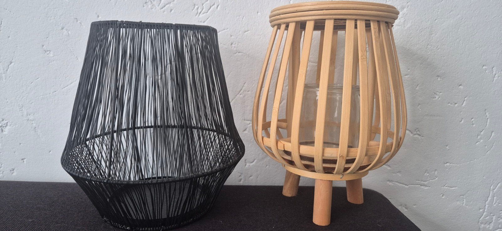 Set van 2 sfeervolle windlichten: bamboe en zwart metaal, Ophalen, Windlicht, Gebruikt, Zwart