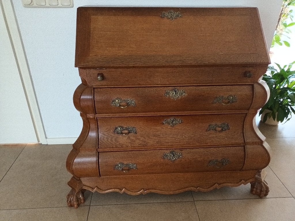 Antiek eikenhouten secretaire met barokke details, Ophalen, Gebruikt, Barok, Antiek