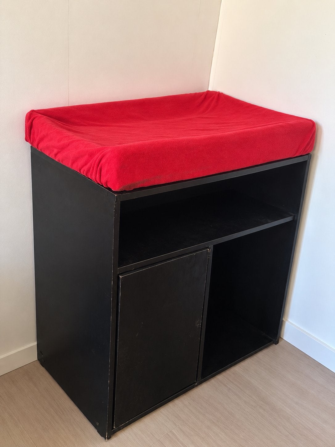 Zwart ledikant en box met matras, boxkleed en een commode, Ophalen, Gebruikt, Ledikant