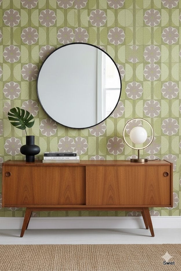 14303 groovy behang jaren 70 met bloemen en vakken swiet, Ophalen of Verzenden, Oranje