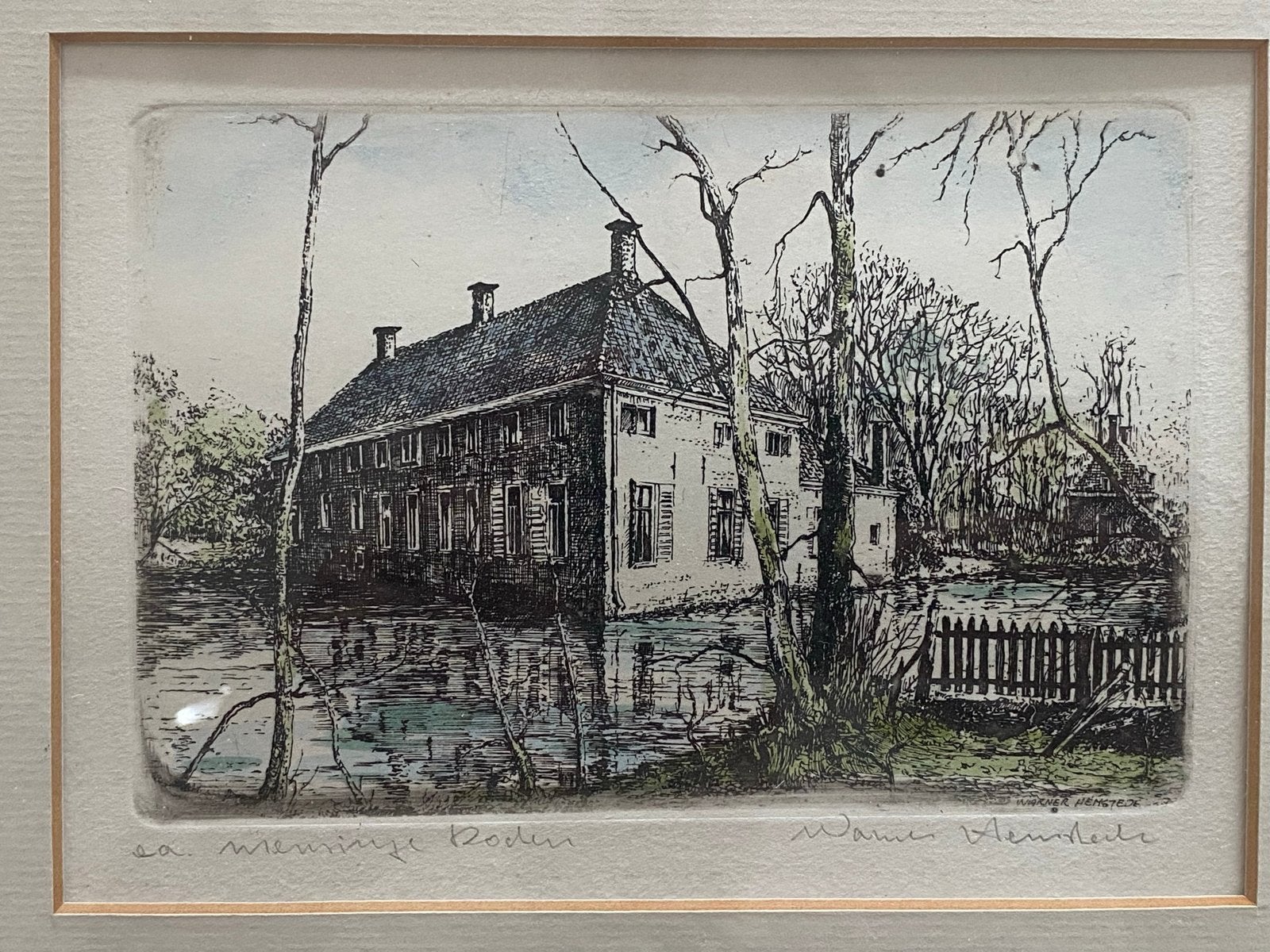 Ingelijste ets van Warner Hemstede, Antiek en Kunst, Kunst | Etsen en Gravures, Ets, Handgekleurd, Architectuur, 1900 - 1949, Ophalen of Verzenden