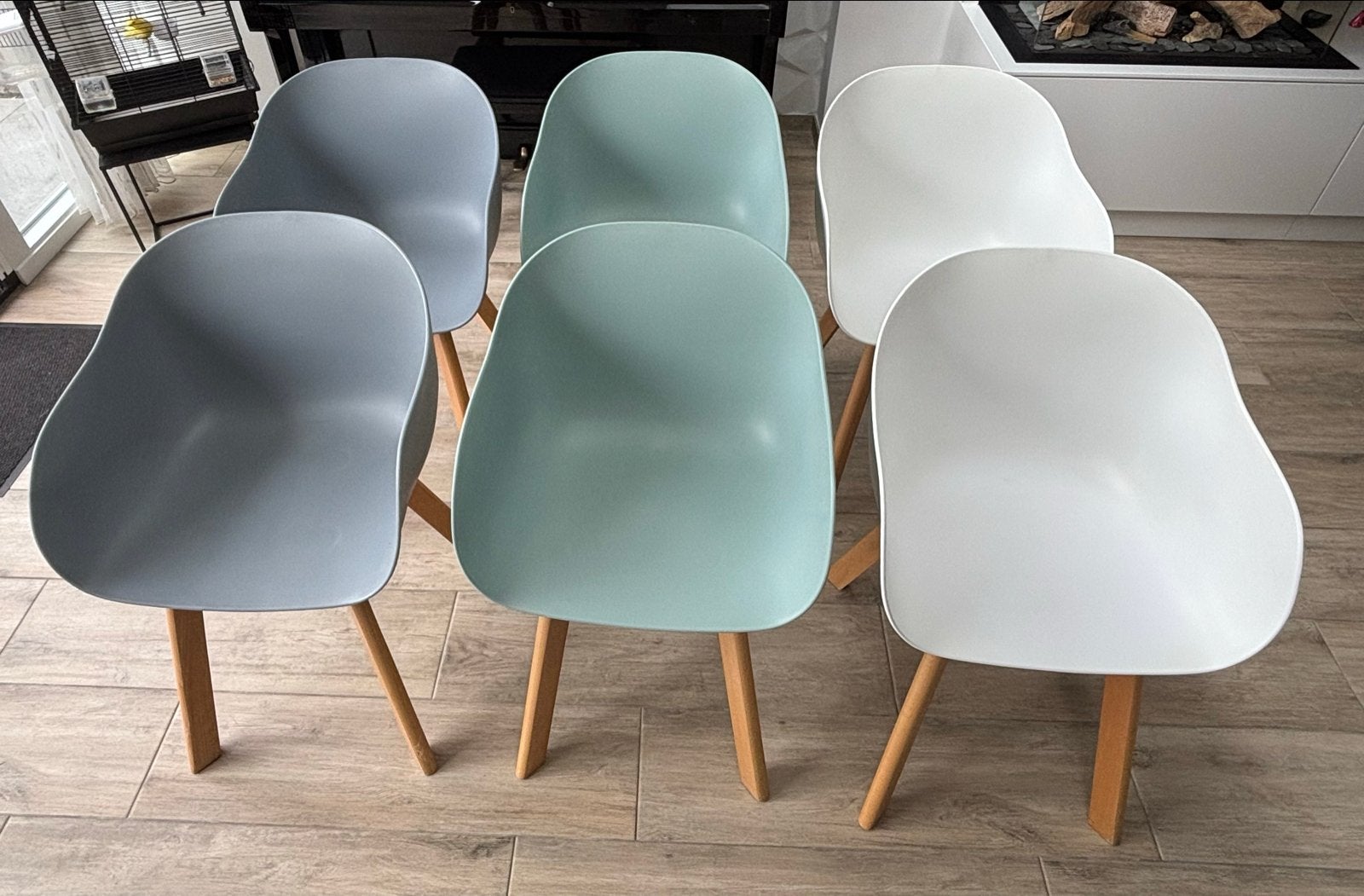 Set van 6 moderne eetkamerstoelen in diverse kleuren, Gebruikt, Overige kleuren, Ophalen of Verzenden, Vijf, Zes of meer stoelen