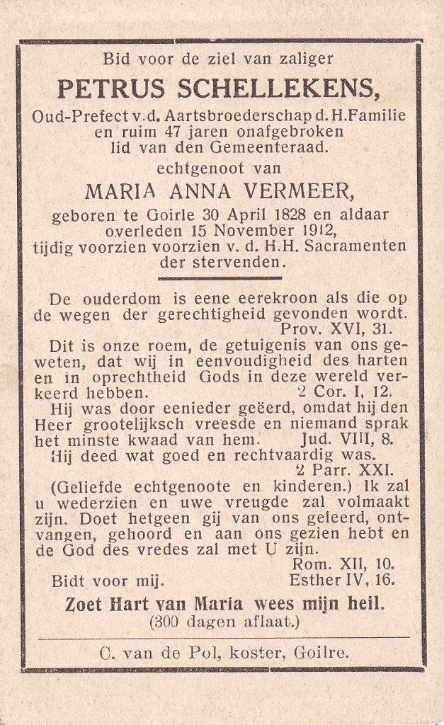 Schellekens Petrus 1828 Goirle 1912, Ophalen of Verzenden, Bidprentje