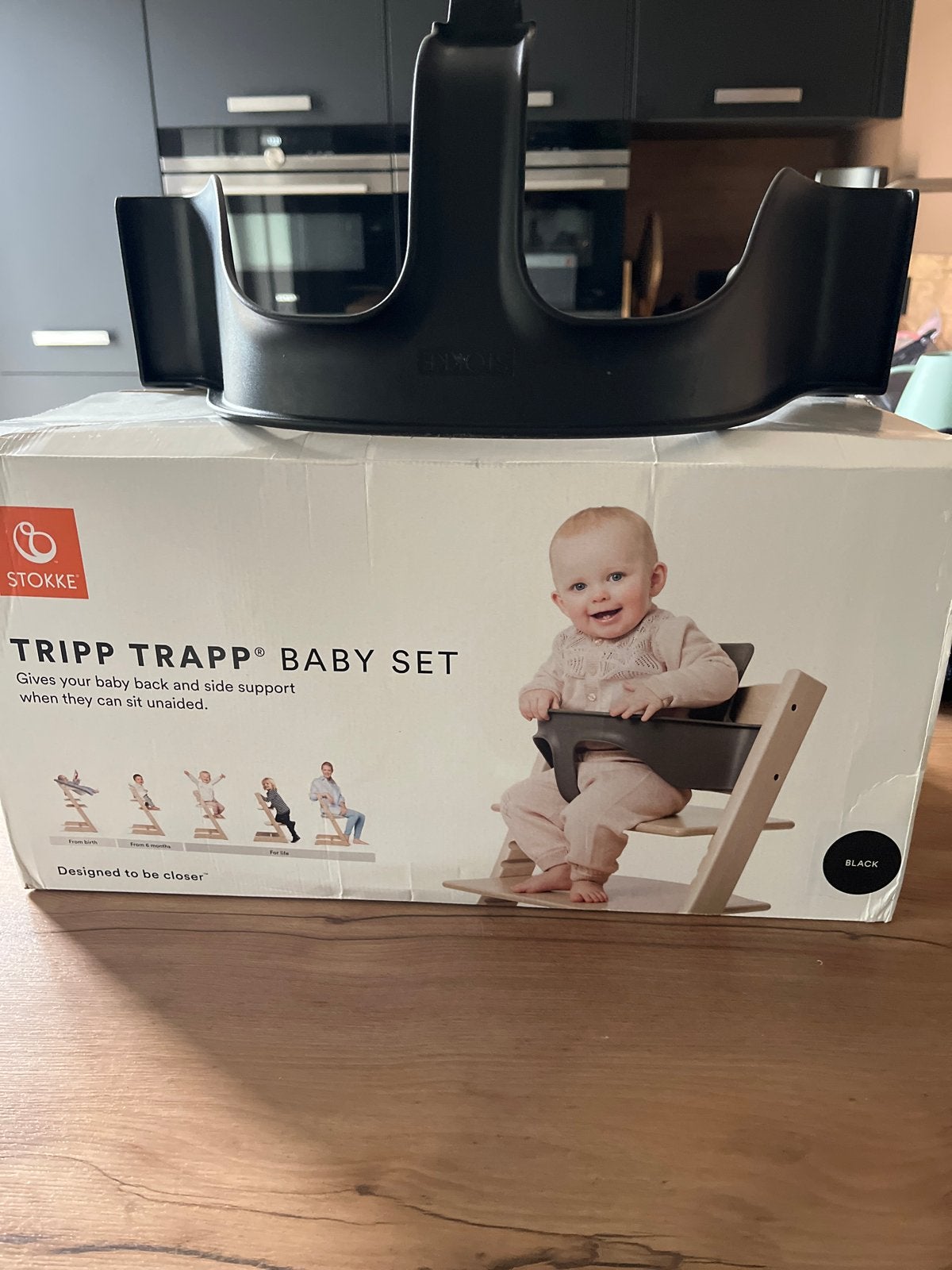 Stokke Tripp Trapp Baby Set Zwart - met doos, Ophalen of Verzenden, Nieuw, Meegroeistoel, Aanschuifbaar