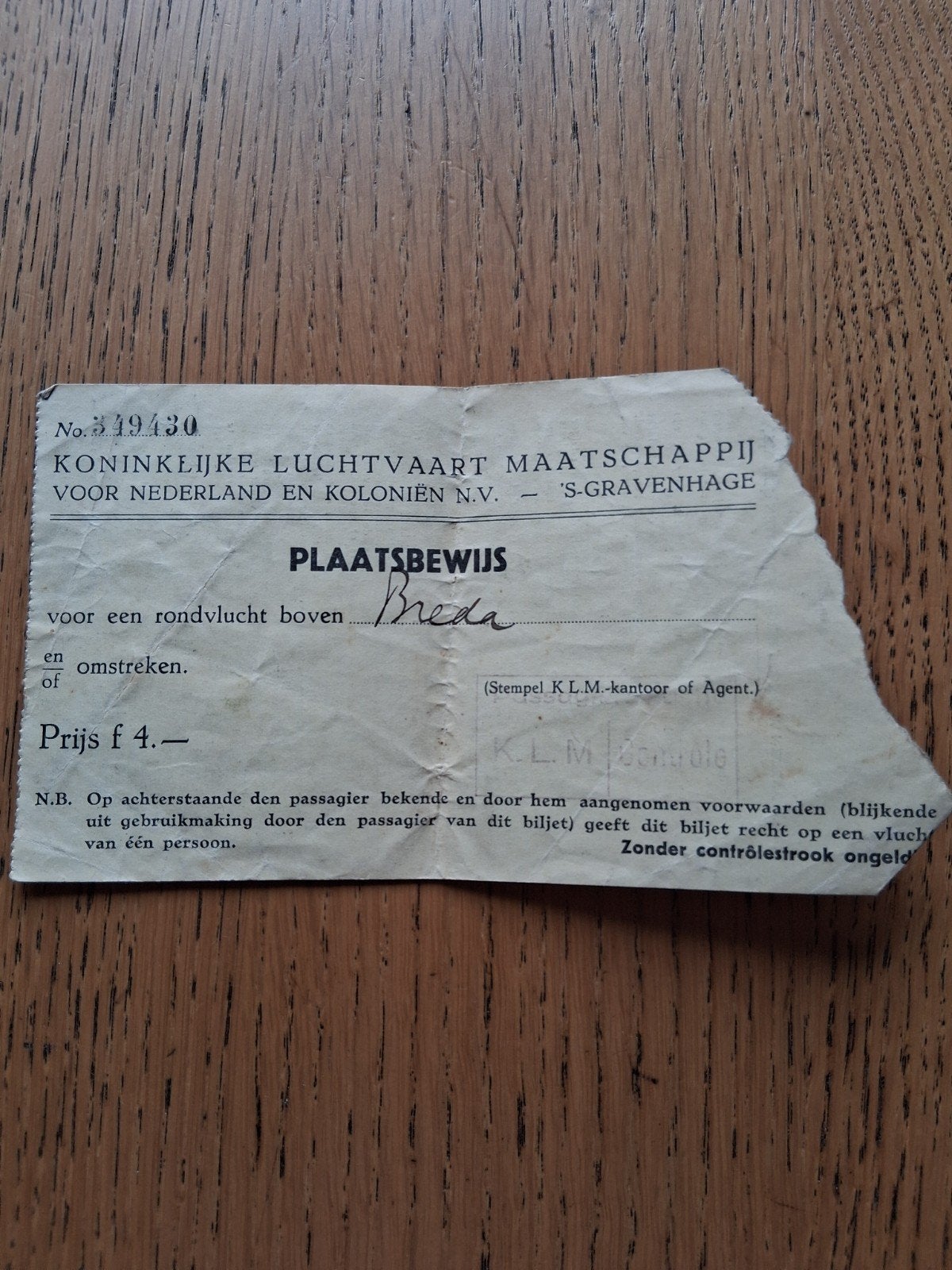 KLM Plaatbewijs rondvlucht boven Breda - Vintage ticket, Ophalen of Verzenden, Gebruikt, Overige typen