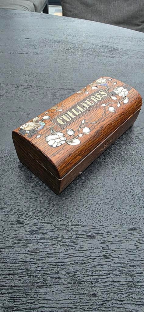 Antiek Houten Lepeldoosje met Parelmoer Inlegwerk, ca. 1890, Ophalen of Verzenden