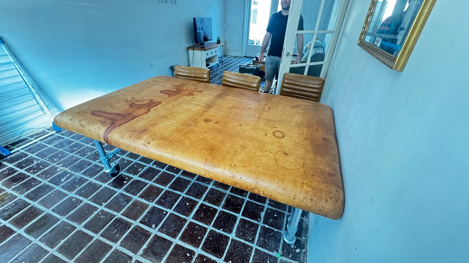 Vintage industriële tafel met wielen, Ophalen, Gebruikt, 100 tot 150 cm, 200 cm of meer
