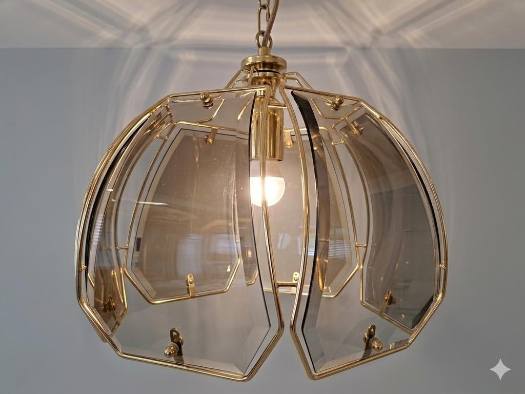 Vintage Hollywood Regency Kroonluchter Jaren 70 Gerookt Glas, Ophalen of Verzenden, Zo goed als nieuw, Glas