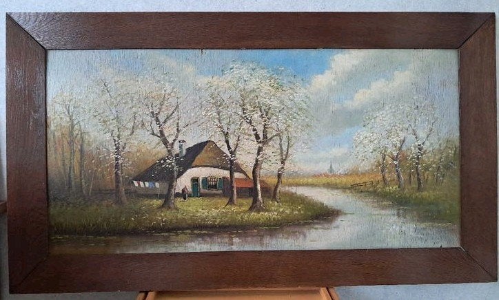 Mooi olieverfschilderij boerderij en bloesembomen aan water, Ophalen, Paneel, Oud hollands, Landschap