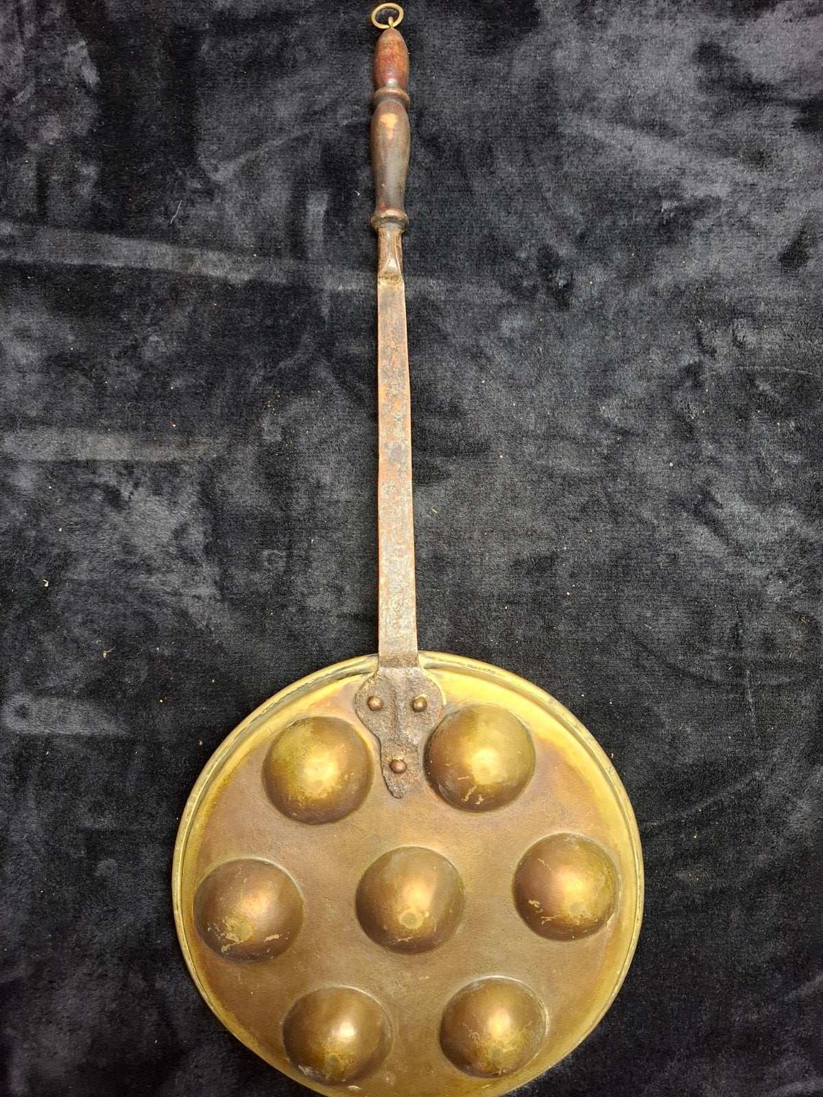 Antieke koperen poffertjespan met houten handvat, Antiek en Kunst, Ophalen of Verzenden