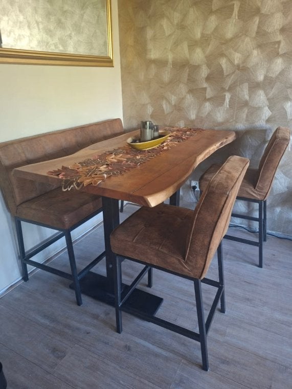 Boomstam bartafel met 2 barstoelen en 1 barbankje, Ophalen, Zo goed als nieuw, Leer, Industrieel, robuust, landelijk, modern