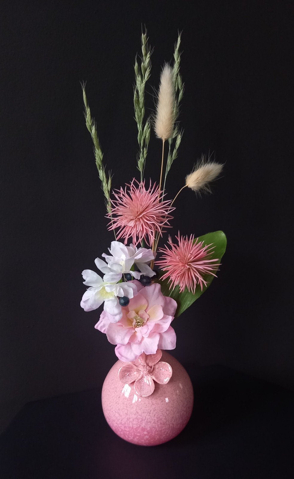 Kunst- en Droogbloemen gebonden boeket met roze vaas H36 cm, Binnen, Roze, Kunstbloem, Nieuw