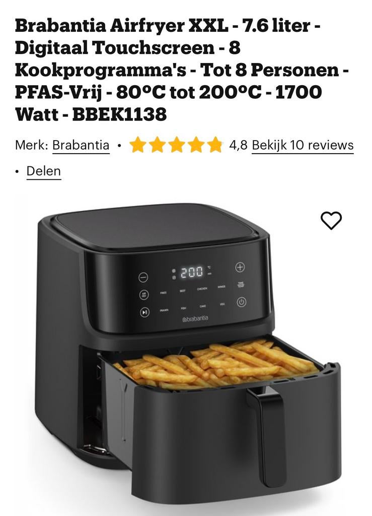Brabantia Airfryer XXL, Ophalen of Verzenden, Zo goed als nieuw, Airfryer XXL, 1500 gram of meer