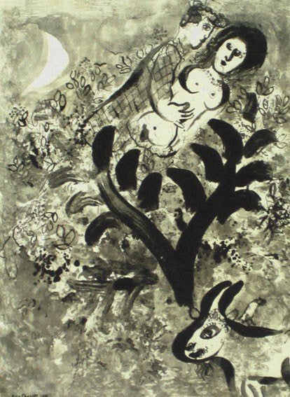 Marc Chagall (1887) Kleur Zink Ets "De Geliefden " Gen Ges, Personages en Fantasiefiguren, Ophalen of Verzenden, Ets, Watermerk