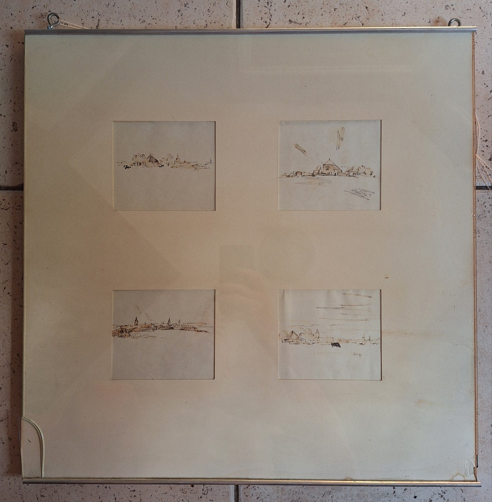 Willem Thijs - Vier tekeningen in één lijst, Ophalen of Verzenden, Tekening, Pentekening, Ingelijst