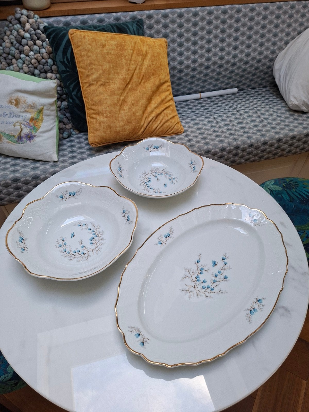 Bernadotte serveerschalen set met blauw bloemmotief, Ophalen of Verzenden