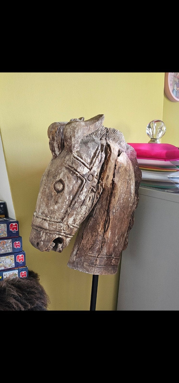 paardenhoofd op sokkel,  eikenhout, Antiek en Kunst, Ophalen