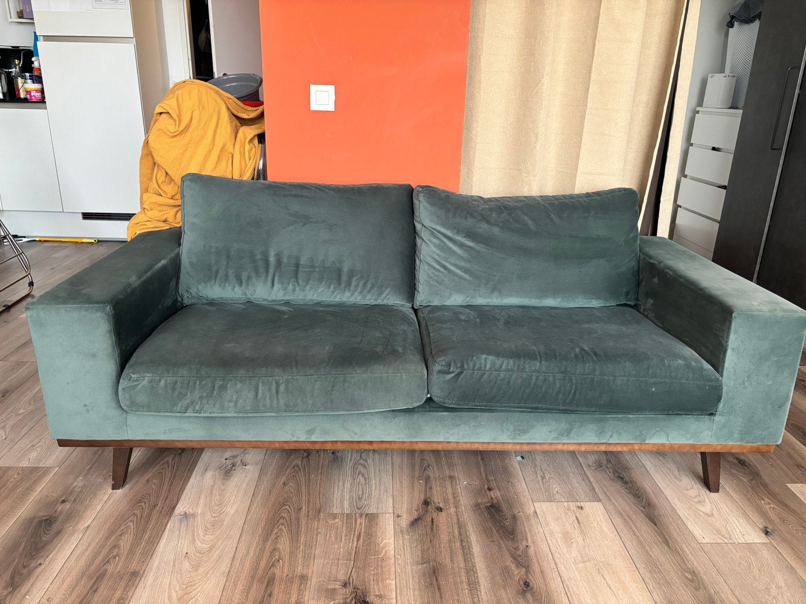 Donkergroene velours bank met afneembare hoezen, Huis en Inrichting, Banken | Bankstellen, Ophalen, 150 tot 200 cm, Tweepersoons