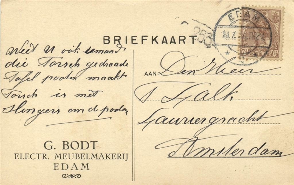 G. Bodt, Electr. Meubelmakerij, Edam - 07.1924 - briefkaart, Ophalen of Verzenden, Briefkaart