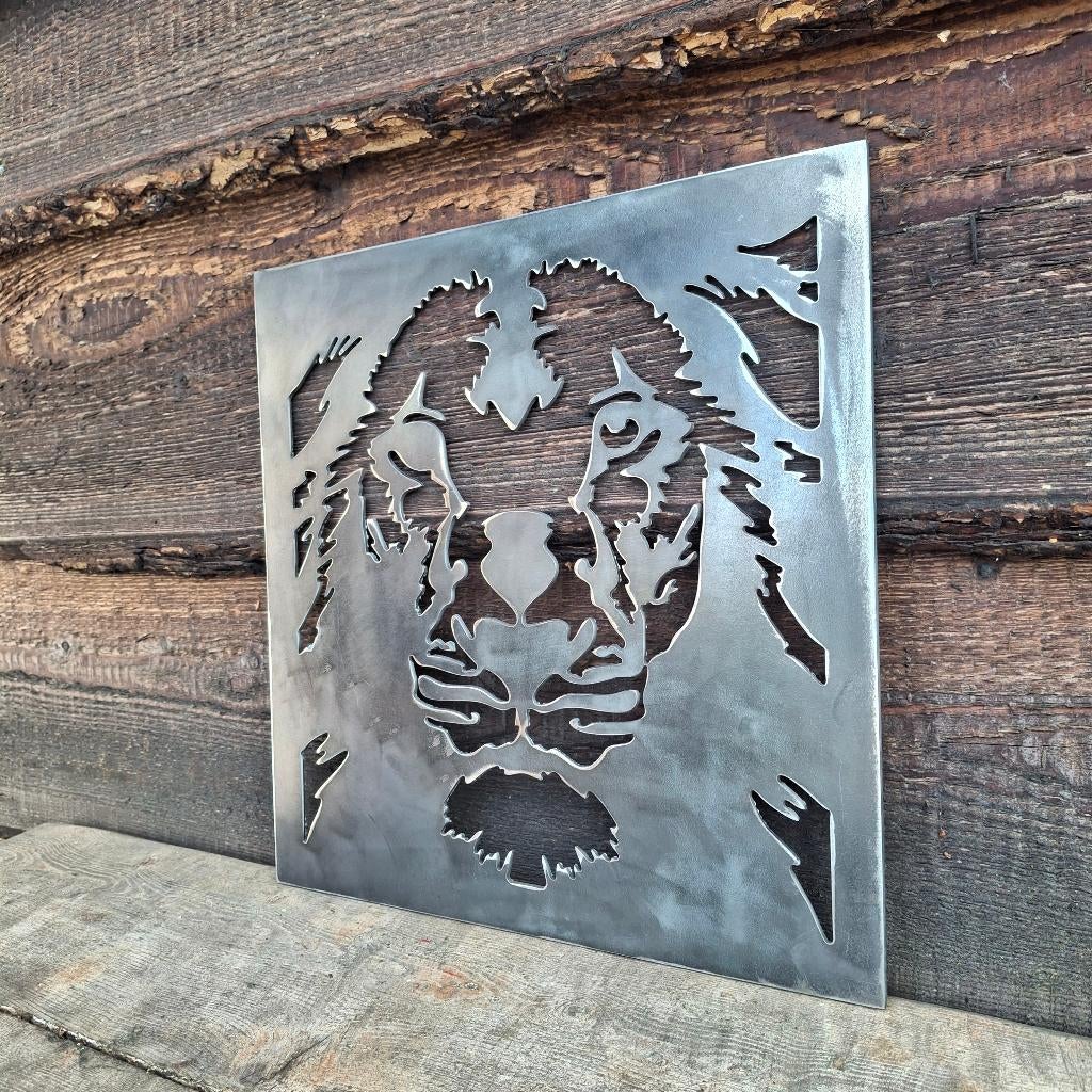 Indrukwekkende Leeuwenkop - Metalen wandpaneel / snijwerk, Metaal, 30 cm, 30 cm, Nieuw