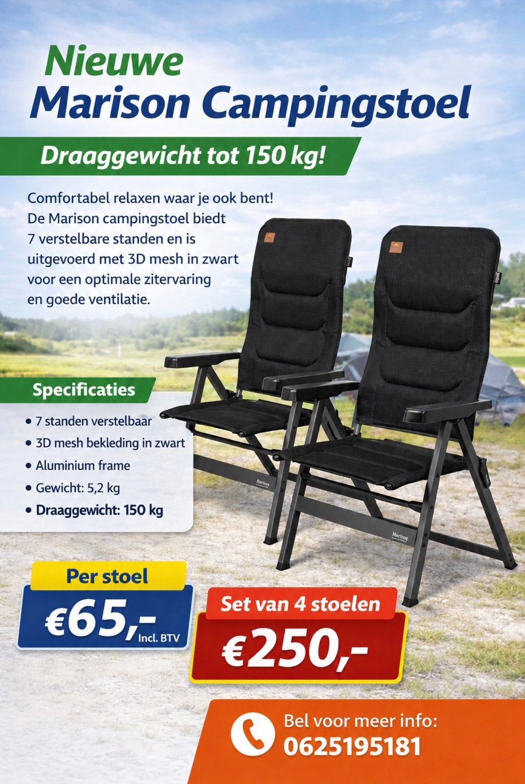 *ZOMERAANBIEDING* XL Marison standen / campingstoel zwart, Caravans en Kamperen, Kampeermeubelen, Ophalen, Nieuw, Campingstoel