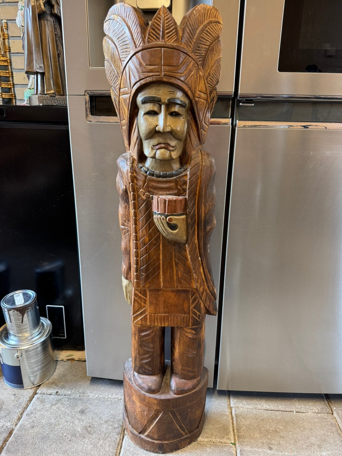 Handgesneden Houten Indiaan Beeld – 1 Meter, Antiek en Kunst, Ophalen, Hout, Beeld, 1 meter - 2 meter