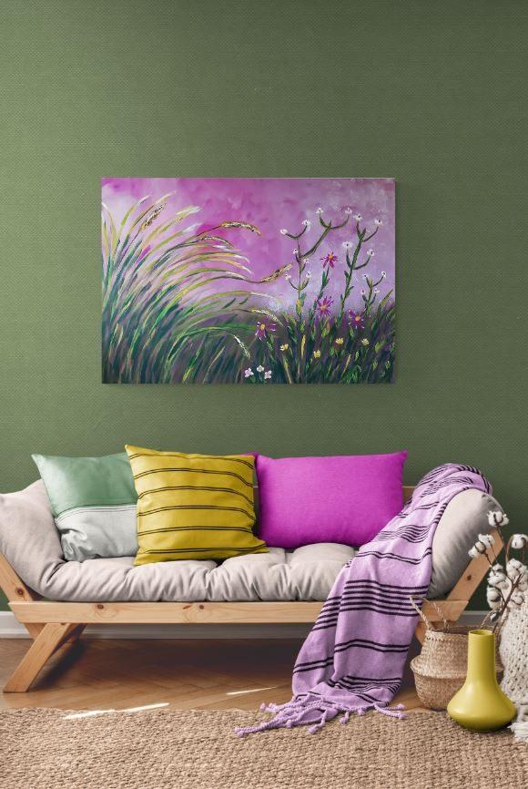 Schilderij Handgeschilderd Landschap Wilde Bloemen inde Wind, Ophalen of Verzenden
