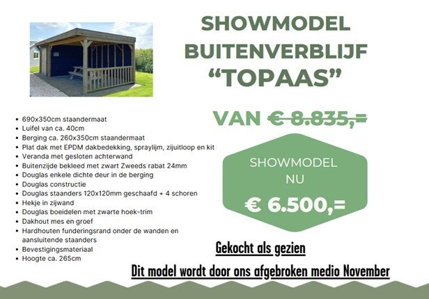 Showmodel buitenverblijf Topaas, Ophalen, Zo goed als nieuw, Hout, Overige typen