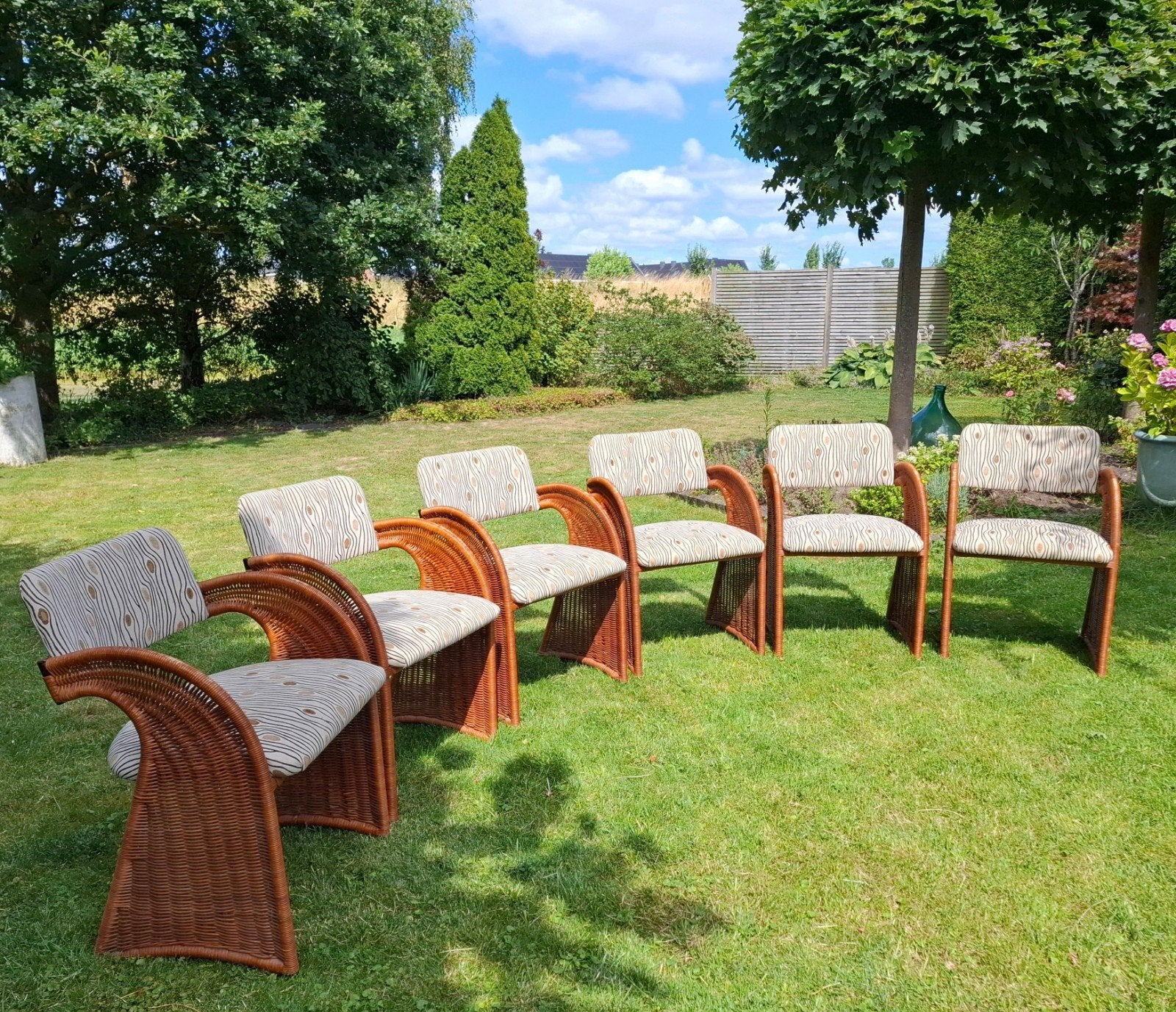 Set van 6 Vintage Postmoderne Rotan Sledestoelen, Ophalen, Gebruikt, Bruin, Stof
