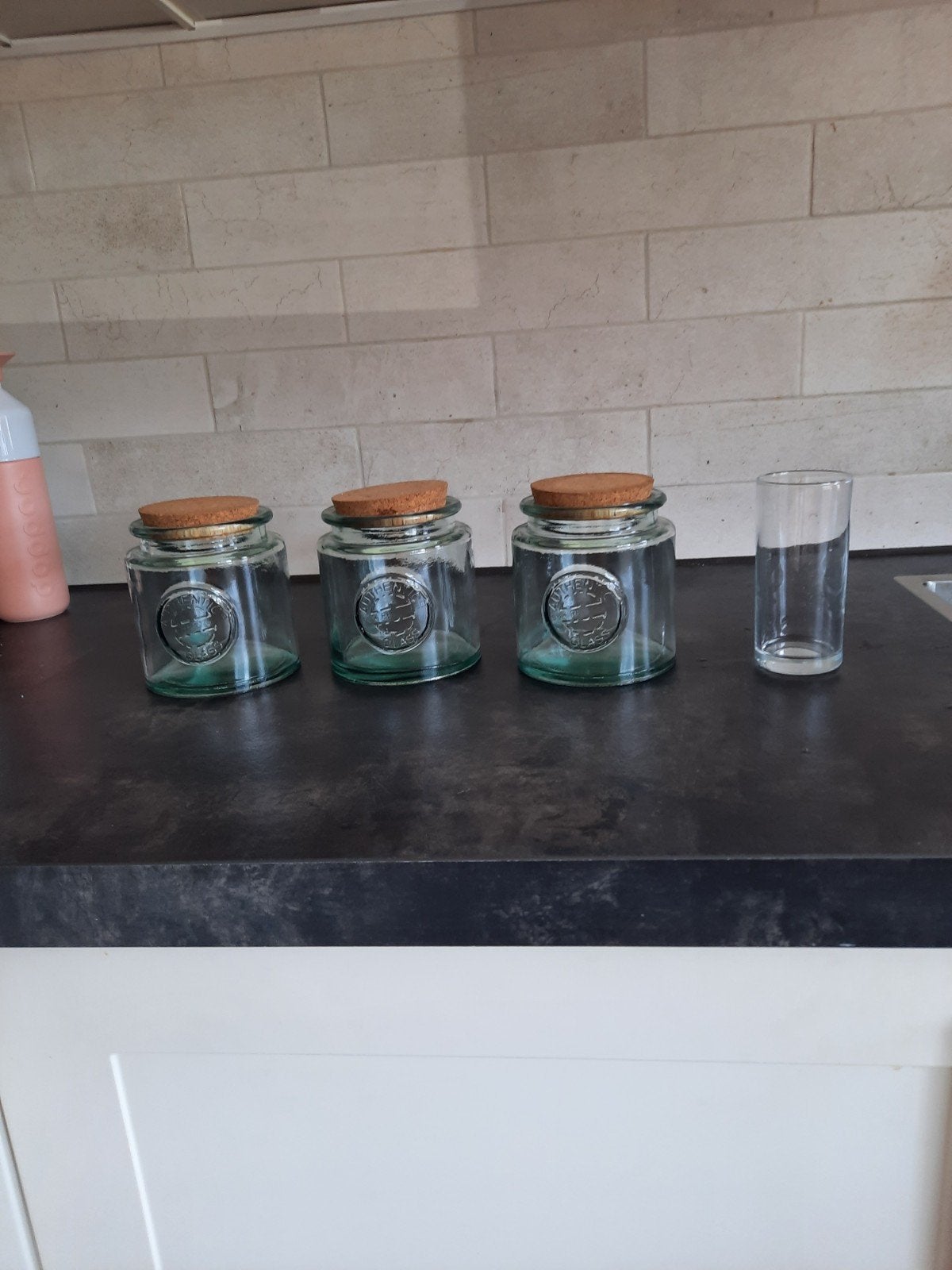 Set van 3 glazen voorraadpotten met kurkdeksel, Huis en Inrichting, Ophalen of Verzenden, Voorraadpot, Meerkleurig, Glas